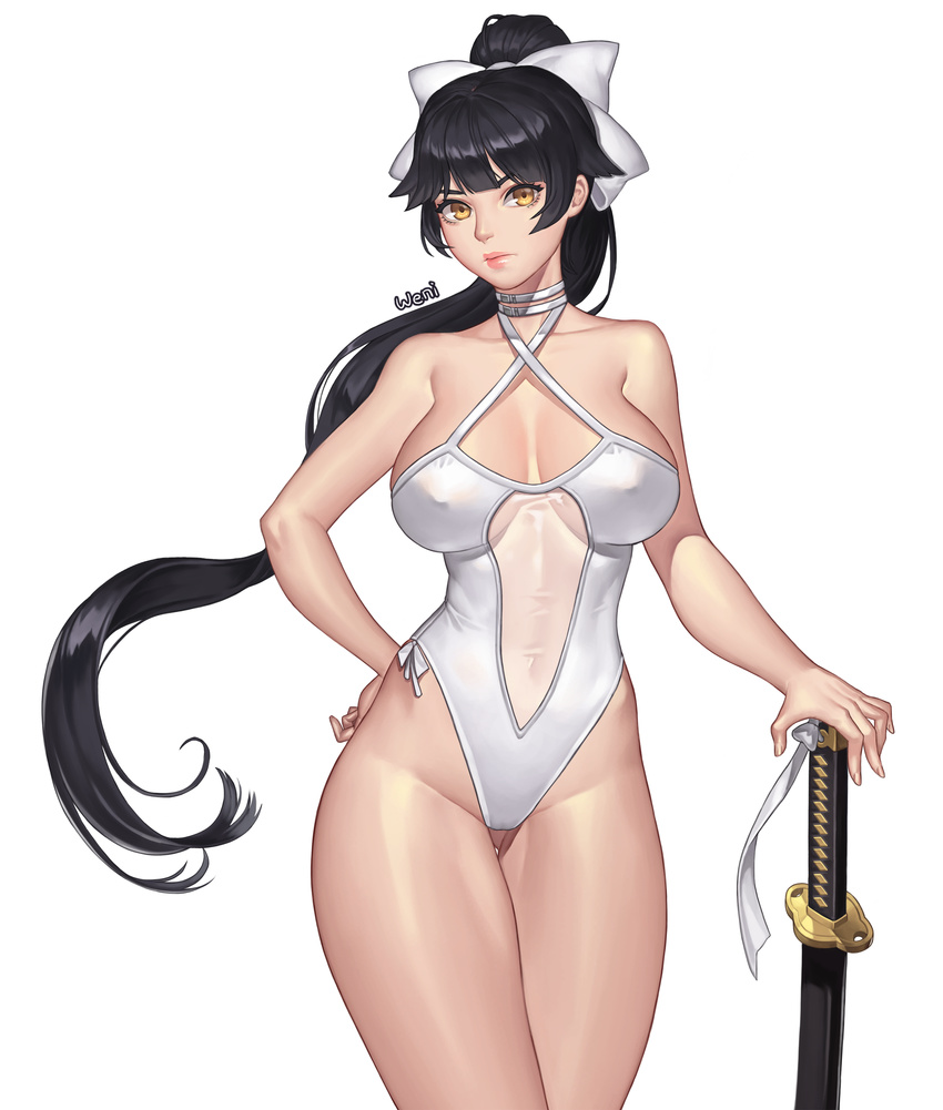 absurdres ass_visible_through_thighs azur_lane bangs bare_arms bare_shoulders black_hair blunt_bangs bow breasts closed_mouth covered_nipples cowboy_shot criss-cross_halter fingernails hair_bow halterneck hand_on_hilt hand_on_hip highleg highleg_swimsuit highres karmiel katana large_breasts legs_together lips long_hair one-piece_swimsuit pink_lips ponytail signature simple_background solo swimsuit sword takao_(azur_lane) thigh_gap very_long_hair weapon white_background white_bow white_swimsuit yellow_eyes