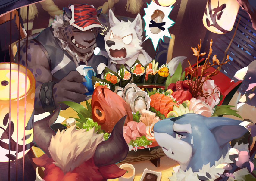 4boys absurdres bara baseball_cap blank_eyes can fangs fish_(food) food furry furry_male hat highres holding holding_can horns lamp light_blush looking_at_another male_focus multiple_boys muscular muscular_male null-ghost one_eye_closed open_mouth original oyster restaurant sashimi shark_boy shark_fin shirt sitting sleeveless sleeveless_shirt sweatdrop window_blinds