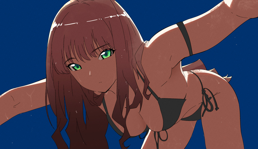 1girl bikini black_background black_bikini breasts brown_hair cleavage commentary cowboy_shot expressionless green_eyes gridman_universe highres leaning_forward long_hair looking_at_viewer medium_breasts minami_yume simple_background slim_(sl1m_skull) solo ssss.dynazenon swimsuit wet