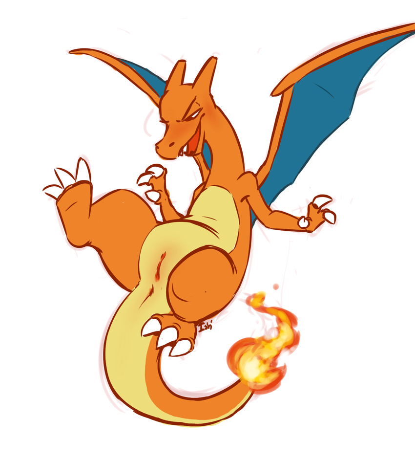 anus blush charizard claws dragon dragon_wings female feral fire flaming_tail half-closed_eyes ishoka nintendo pok&eacute;mon pok&eacute;mon_(species) pussy scalie simple_background solo video_games white_background wings