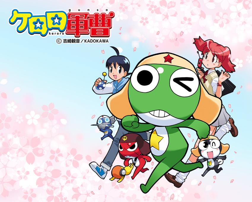 1girl 6+boys bag belt black_eyes black_hair blue_eyes bow bowtie cardigan cellphone cherry_blossoms copyright_name dororo_(keroro_gunsou) frog giroro hat headphones hinata_fuyuki hinata_natsumi hood hoodie keroro keroro_gunsou kururu_(keroro_gunsou) long_hair looking_at_viewer mask mouth_mask multiple_boys multiple_girls ninja_mask official_art official_wallpaper one_eye_closed pants phone red_hair school_bag school_uniform shirt shoes short_hair skirt socks star_(symbol) tamama twintails yoshizaki_mine