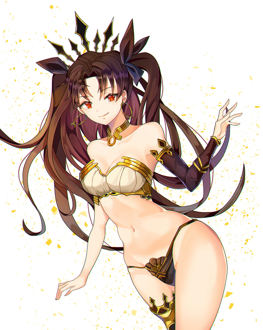 bad_id bad_pixiv_id bare_shoulders breasts brown_hair cleavage detached_sleeves earrings fate/grand_order fate_(series) ggomddak highres ishtar_(fate/grand_order) jewelry long_hair looking_at_viewer medium_breasts navel red_eyes single_thighhigh smile solo standing thighhighs
