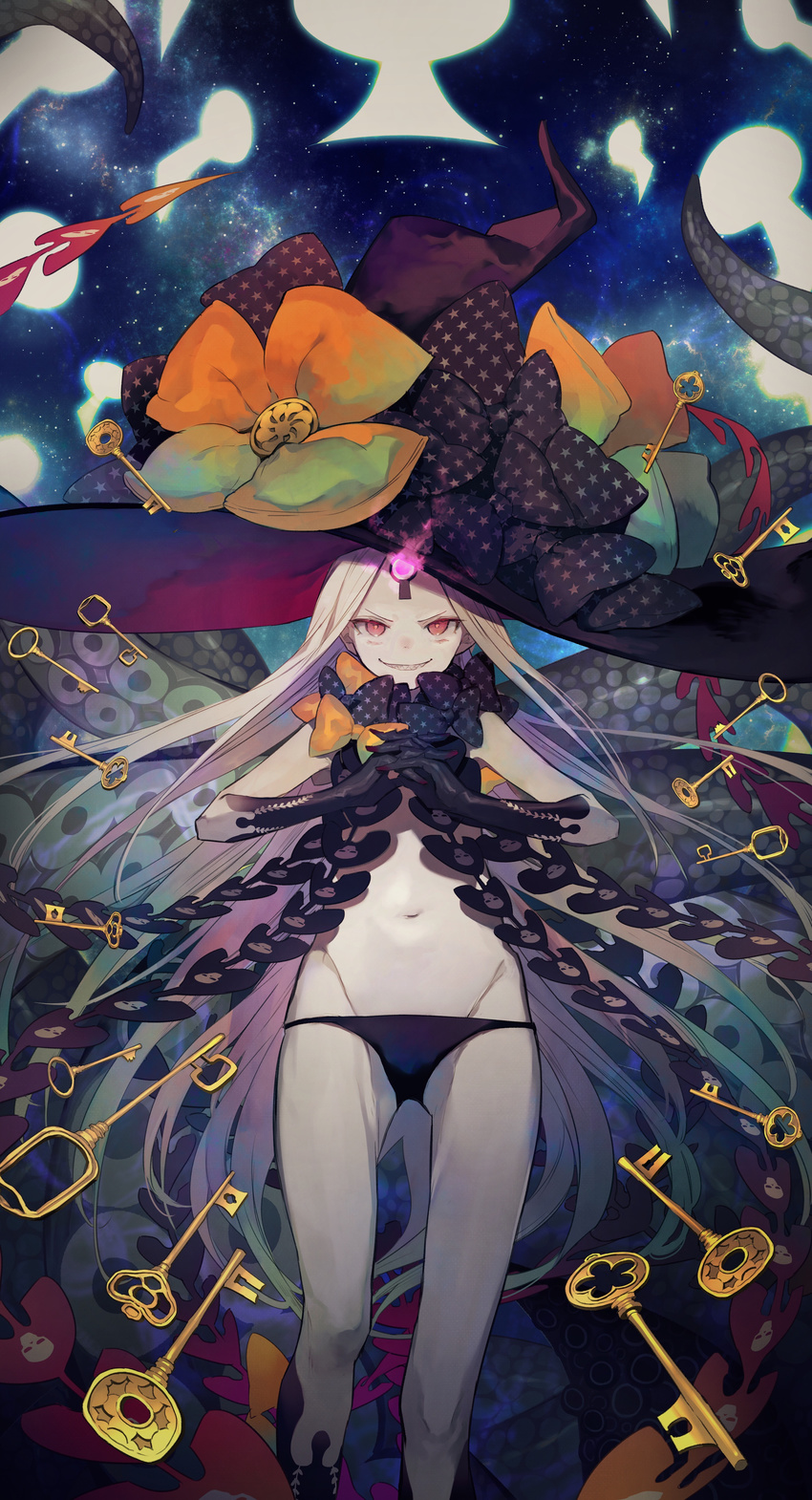 abigail_williams_(fate/grand_order) absurdres ass_visible_through_thighs bad_revision bangs black_bow black_gloves black_hat black_legwear black_panties bow commentary_request downscaled_revision elbow_gloves evil_grin evil_smile fate/grand_order fate_(series) gloves glowing grin groin hat hat_bow highres interlocked_fingers key keyhole kneehighs long_hair looking_at_viewer md5_mismatch navel nozaki_tsubata orange_bow pale_skin panties parted_bangs print_bow red_eyes revealing_clothes sharp_teeth skull_print smile solo space star star_print suction_cups teeth tentacles topless tsurime underwear v-shaped_eyebrows very_long_hair white_hair witch_hat