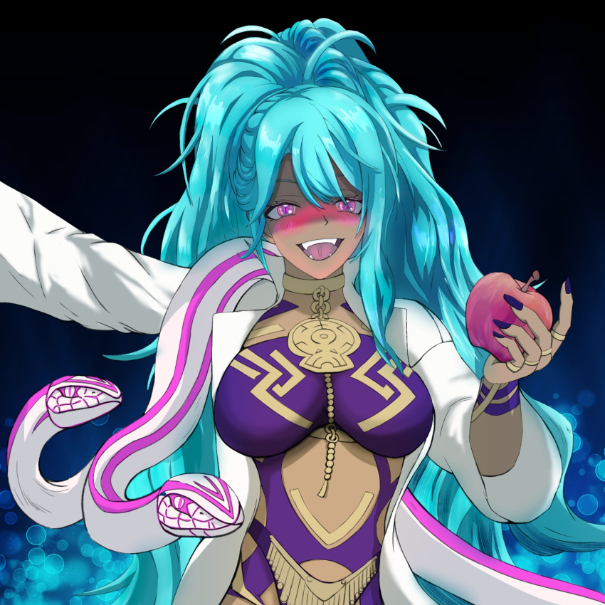 1girl apple aqua_hair black_background blush body_markings breasts dark-skinned_female dark_skin drunk fangs fire_emblem fire_emblem_heroes food fruit highres holding holding_food holding_fruit jewelry large_breasts long_hair long_sleeves matchanosuke_fe messy_hair nail_polish nidhoggr_(fire_emblem) pink_eyes ponytail purple_nails revealing_clothes robe simple_background smile snake solo upper_body very_long_hair white_robe