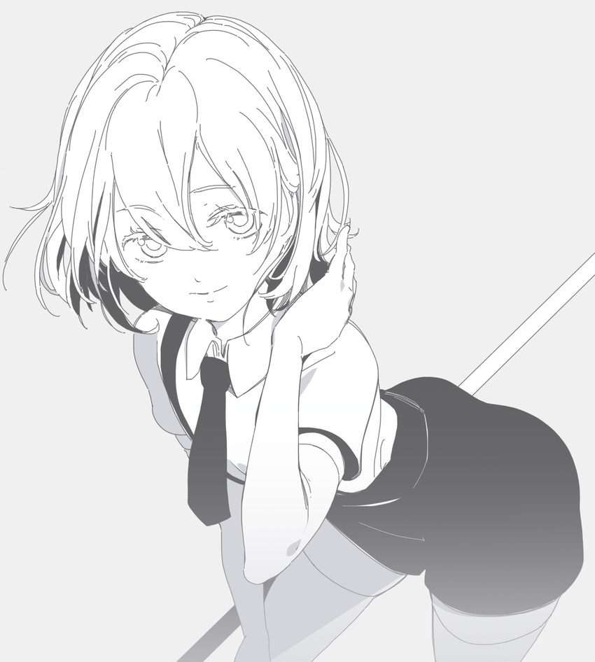 androgynous closed_mouth collared_shirt commentary diamond_(houseki_no_kuni) eyebrows_visible_through_hair eyelashes eyes_visible_through_hair gem_uniform_(houseki_no_kuni) greyscale hair_between_eyes hand_up highres houseki_no_kuni leaning_forward looking_at_viewer monochrome necktie sakura_sora shirt shirt_tucked_in short_hair short_sleeves shorts simple_background skirt smile solo standing thighhighs