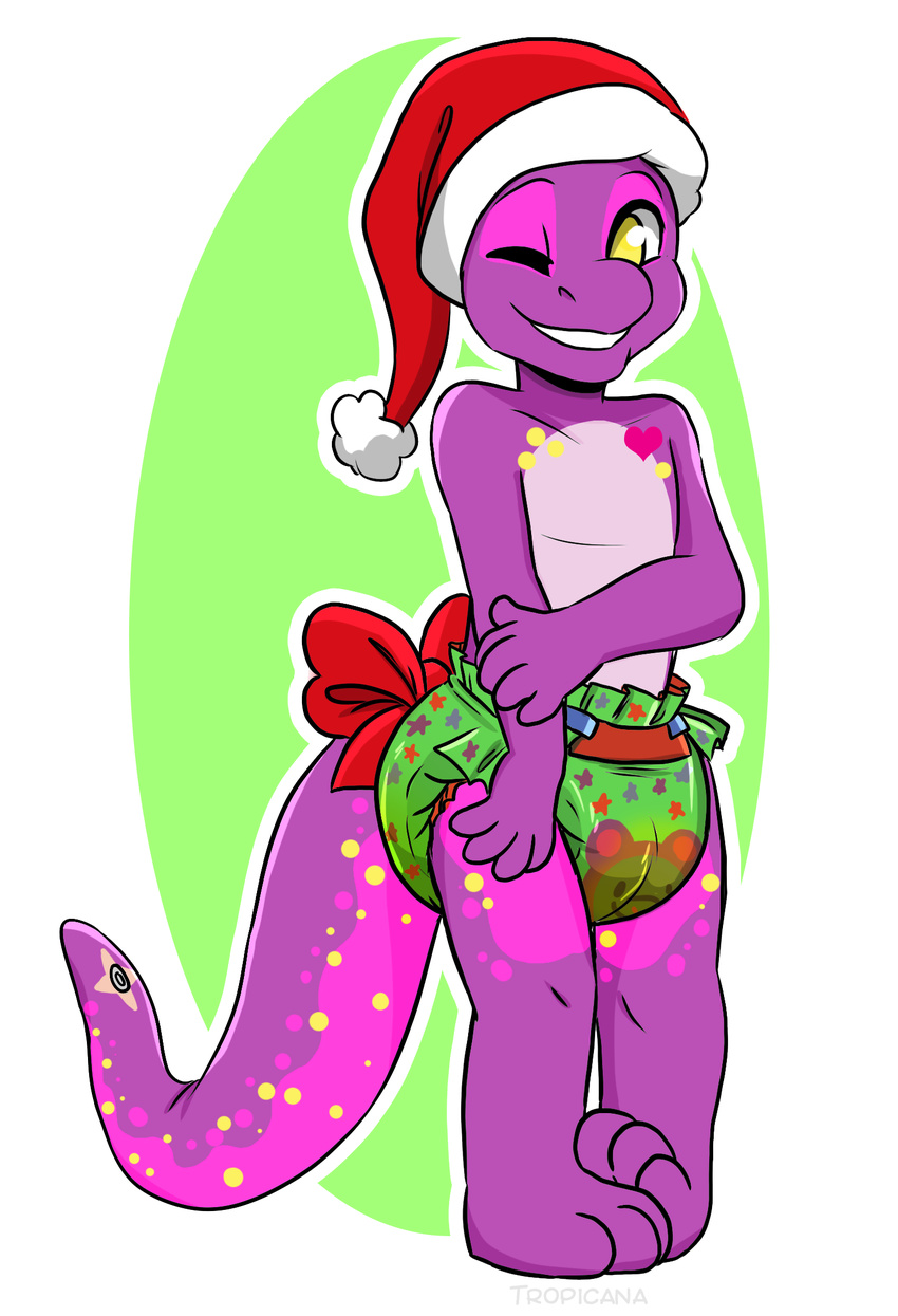 christmas cute diaper dinosaur holidays inflatable one_eye_closed purple_skin smile soggy theropod tropicana tyrannosaurus_rex wink