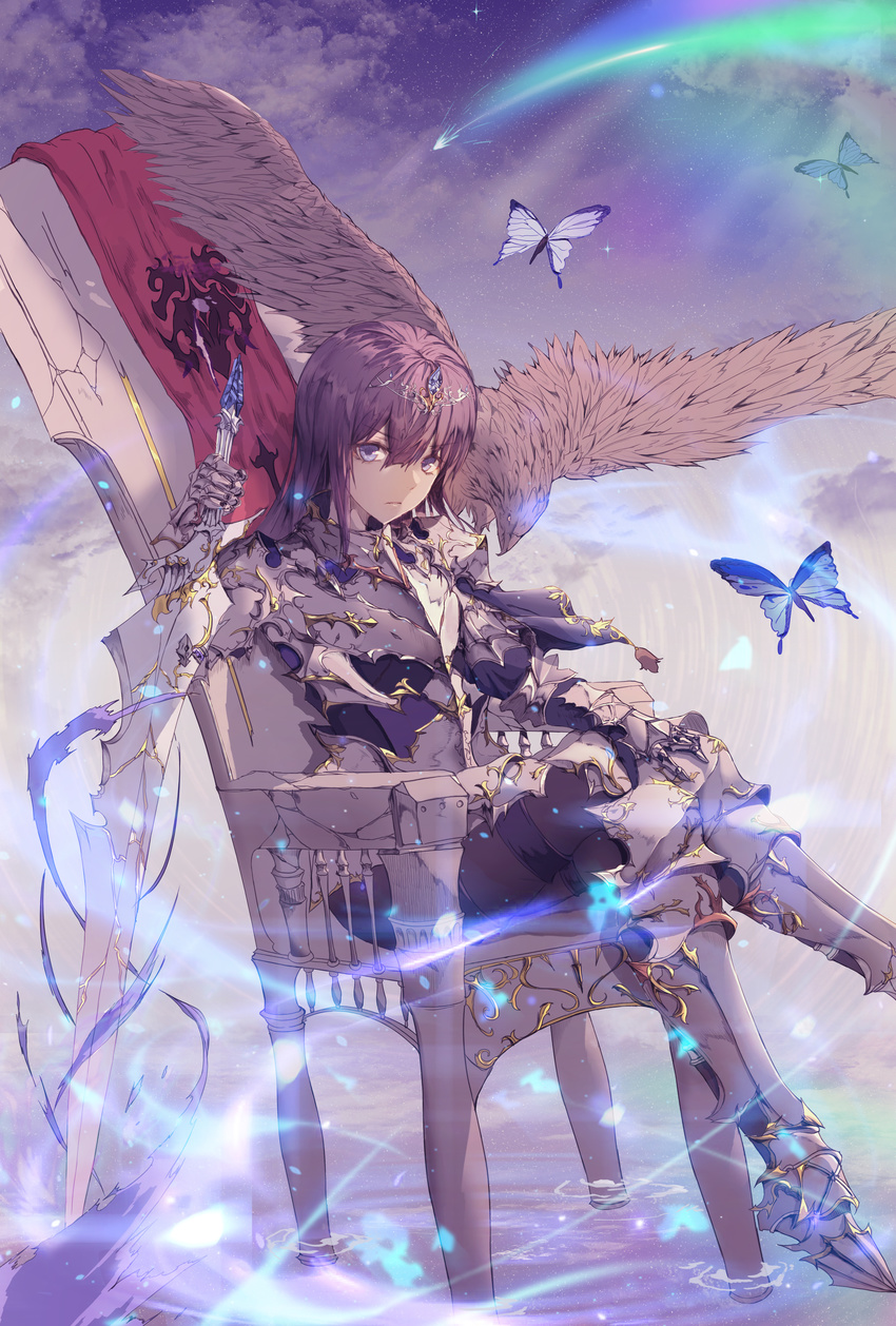 absurdres armor bird blue_eyes boots bug butterfly cracked crossed_legs gauntlets greaves hawk highres insect looking_at_viewer medium_hair ne_cccy3345 night night_sky outdoors purple_hair shooting_star sitting sky solo sword throne tiara water weapon