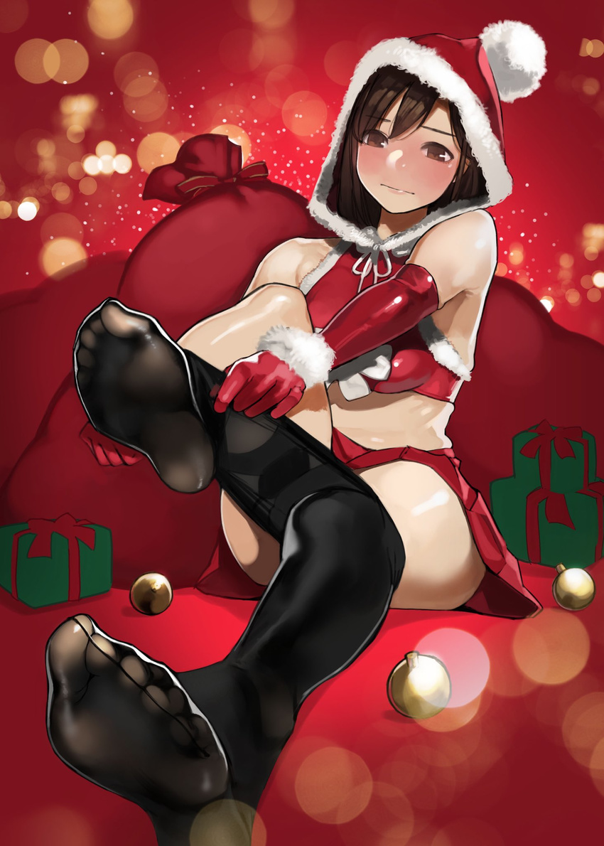 bare_shoulders black_legwear blush bra brown_eyes brown_hair closed_mouth commentary dressing elbow_gloves eyebrows_visible_through_hair feet full-face_blush full_body gift gloves gusset hat highres hood hood_up leg_up lens_flare looking_at_viewer original pantyhose pantyhose_pull pleated_skirt red_bra red_gloves red_skirt sack santa_costume santa_hat short_hair sitting skirt soles solo underwear yomu_(sgt_epper)