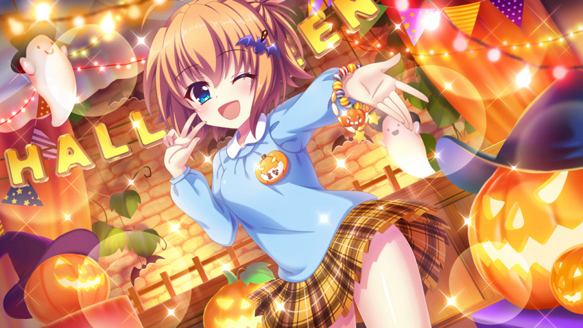 1girl ;d ahoge bat_hair_ornament blue_hair blue_shirt bracelet breasts brick_wall contrapposto dot_nose dutch_angle film_grain game_cg ghost hair_ornament halloween hat indoors izumi_tsubasu jack-o'-lantern jewelry kindergarten_uniform lens_flare long_sleeves looking_at_viewer name_tag non-web_source official_art one_eye_closed open_mouth orange_curtains orange_hair orange_skirt outstretched_arm plaid plaid_skirt plant re:stage! shikimiya_mana shirt short_hair skirt small_breasts smile solo sparkle string_of_flags string_of_light_bulbs w witch_hat
