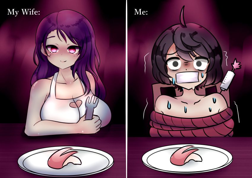 1boy 1girl absurdres ahoge apron bare_shoulders black_hair breasts chokilicious cleavage clothing_cutout commander_(nikke) dart dating fork gag goddess_of_victory:_nikke hair_between_eyes heart_cutout highres holding holding_fork improvised_gag isabel_(nikke) large_breasts long_hair looking_at_another purple_eyes purple_hair scared short_hair smile tape tape_gag tranquilizer_dart trembling white_apron yandere