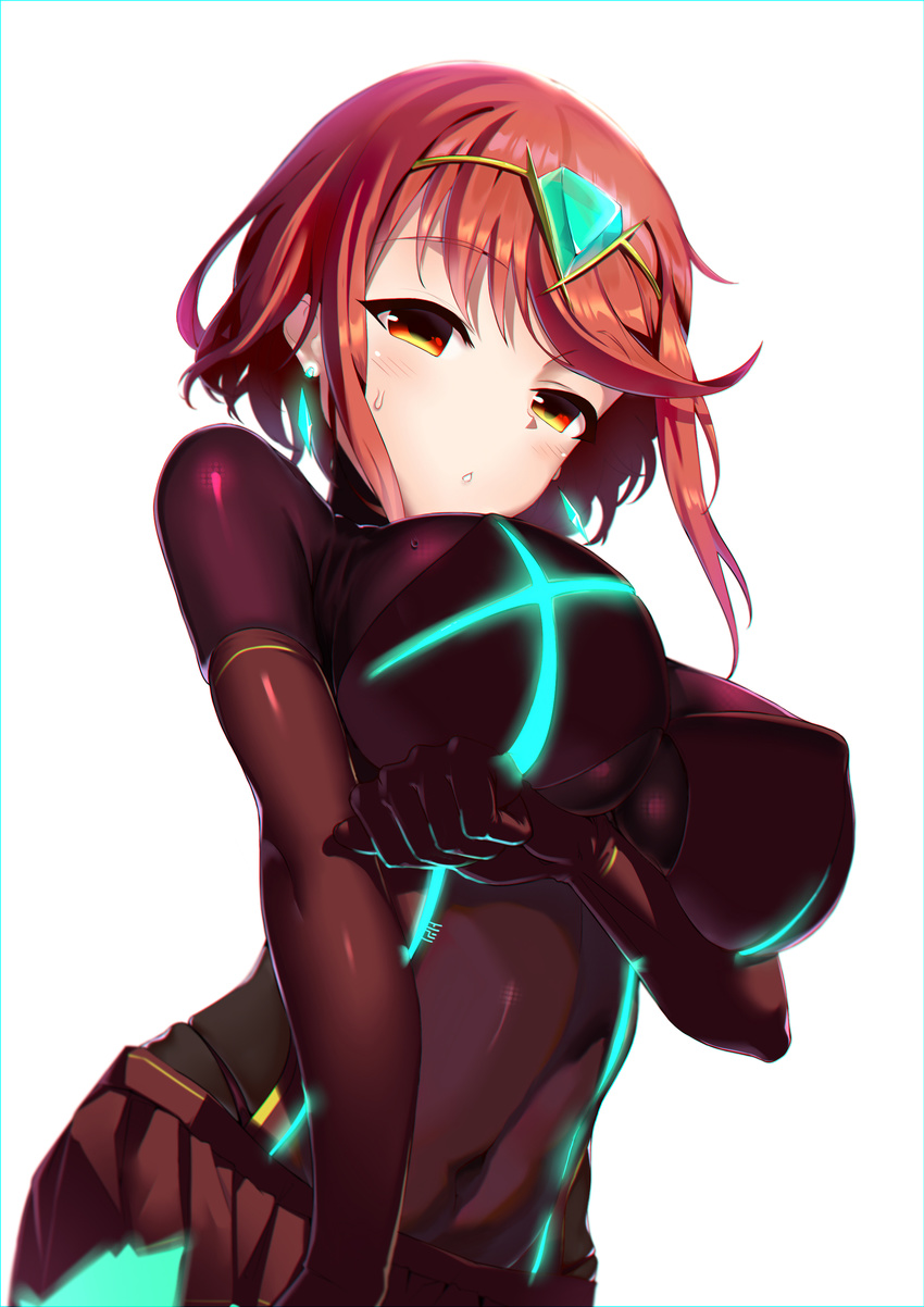 absurdres blush breast_hold breasts covered_navel covered_nipples earrings eyebrows_visible_through_hair fingerless_gloves gloves haapi_jang_p highres homura_(xenoblade_2) jewelry large_breasts looking_at_viewer red_eyes red_hair shiny shiny_clothes short_hair sidelocks skin_tight skindentation solo sweatdrop tiara upper_body white_background xenoblade_(series) xenoblade_2