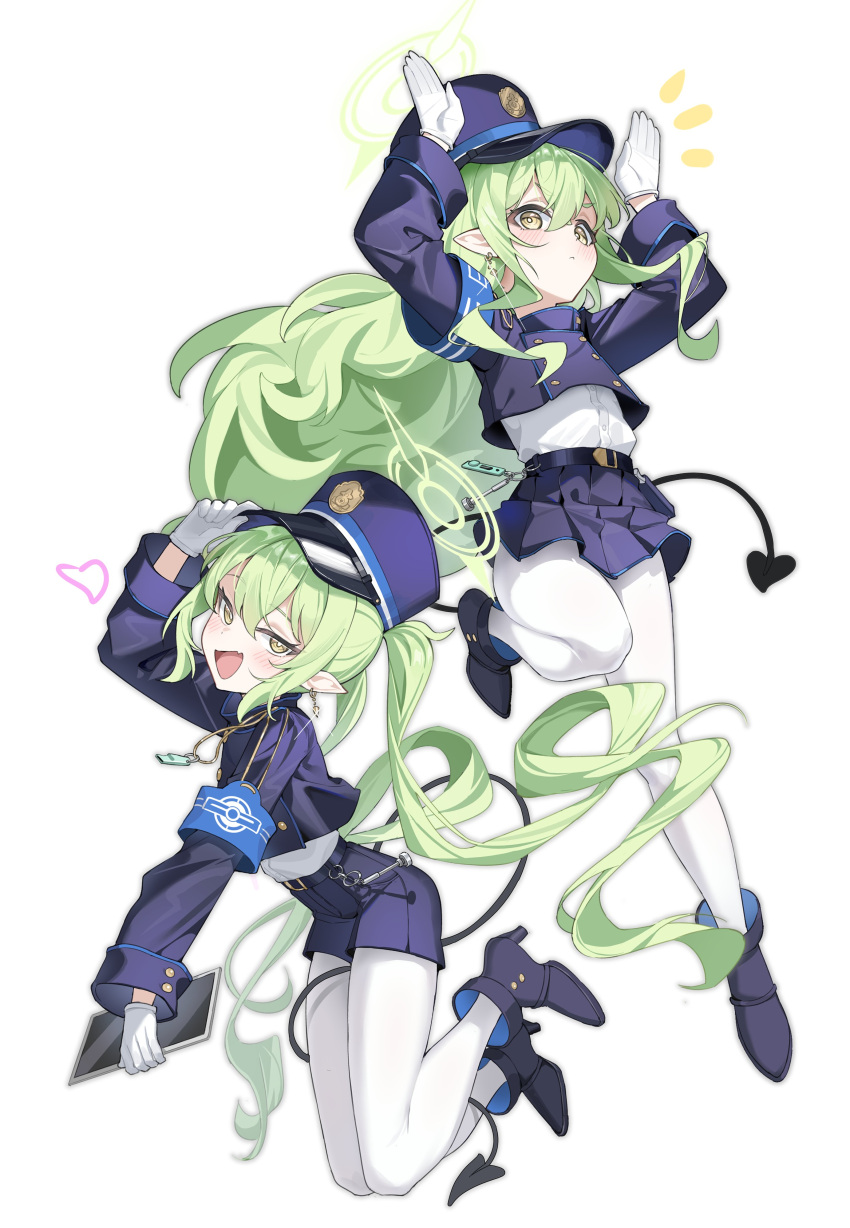 2girls absurdres armband arms_up black_hat black_shorts black_tail blue_archive blue_armband buttons cropped_jacket double-breasted fang full_body gloves green_eyes green_hair green_halo halo hat highlander_sidelocks_conductor_(blue_archive) highlander_twintails_conductor_(blue_archive) highres legs_folded long_hair multiple_girls pantyhose peaked_cap pleated_skirt pointy_ears shirt shorts skin_fang skirt smile tamago_(eva1314056) train_conductor twintails white_background white_gloves white_pantyhose white_shirt