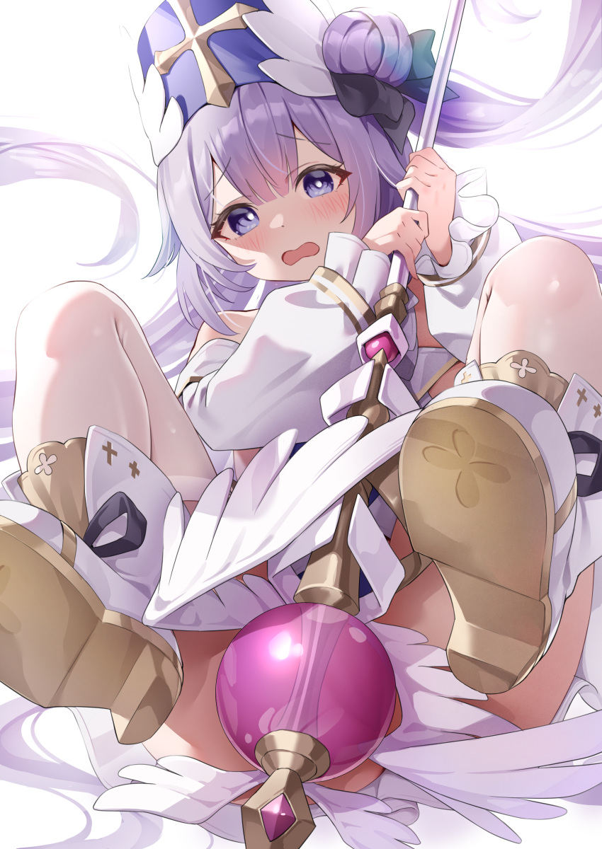 1girl absurdres azur_lane blush classic_(zildjian33) commentary_request covering_privates hair_bun highres holding holding_staff long_sleeves looking_at_viewer non-web_source official_alternate_costume open_mouth pantyhose priestess puffy_long_sleeves puffy_sleeves purple_eyes purple_hair royal_navy_emblem_(azur_lane) single_hair_bun single_side_bun solo staff thighs unicorn_(azur_lane) unicorn_(snow_white_guardian_angel)_(azur_lane) wavy_mouth white_pantyhose winged_footwear