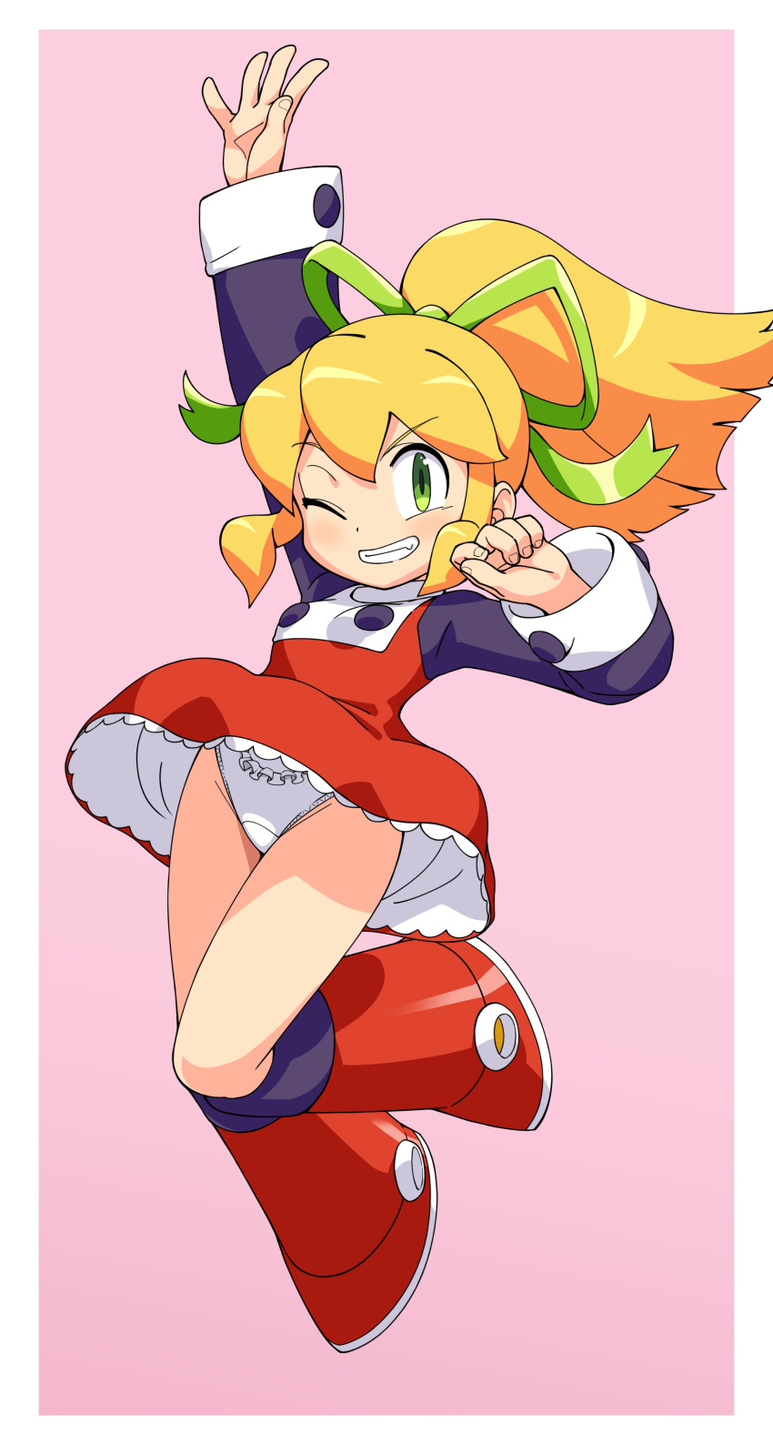 1girl absurdres animalmaster arm_up blonde_hair bow bowtie commentary_request frills full_body green_eyes green_ribbon grin hair_ribbon happy highres long_hair mega_man_(classic) mega_man_(series) one_eye_closed panties pillarboxed pink_background ponytail red_bow red_bowtie red_skirt ribbon roll_(mega_man) skirt smile solo teeth underwear white_panties