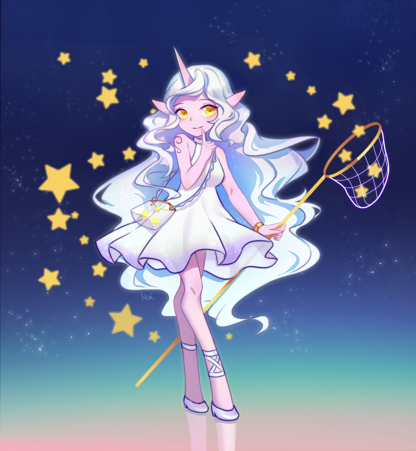 2017 5_fingers anthro breasts butterfly_net caprine clothed clothing dress female fingers footwear hair hi_res high_heels holding_object horn kezi_(artist) league_of_legends long_hair mammal pointy_ears purple_skin riot_games shoes simple_background smile solo soraka standing star video_games white_hair yellow_eyes