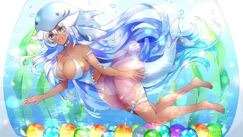 1girl animal_hood armlet barefoot blue_eyes blue_hair blue_nails blue_one-piece_swimsuit breasts bubble cetacean_tail cleavage collarbone criss-cross_halter dark-skinned_female dark_skin eyelashes fins fish_tail gradient_hair hair_between_eyes halterneck highres hood indie_virtual_youtuber large_breasts long_hair mihayuuno multicolored_hair one-piece_swimsuit open_mouth seaweed second-party_source shark_hood solo swimsuit tail thigh_strap trinity_(vtuber) underwear very_long_hair white_hair