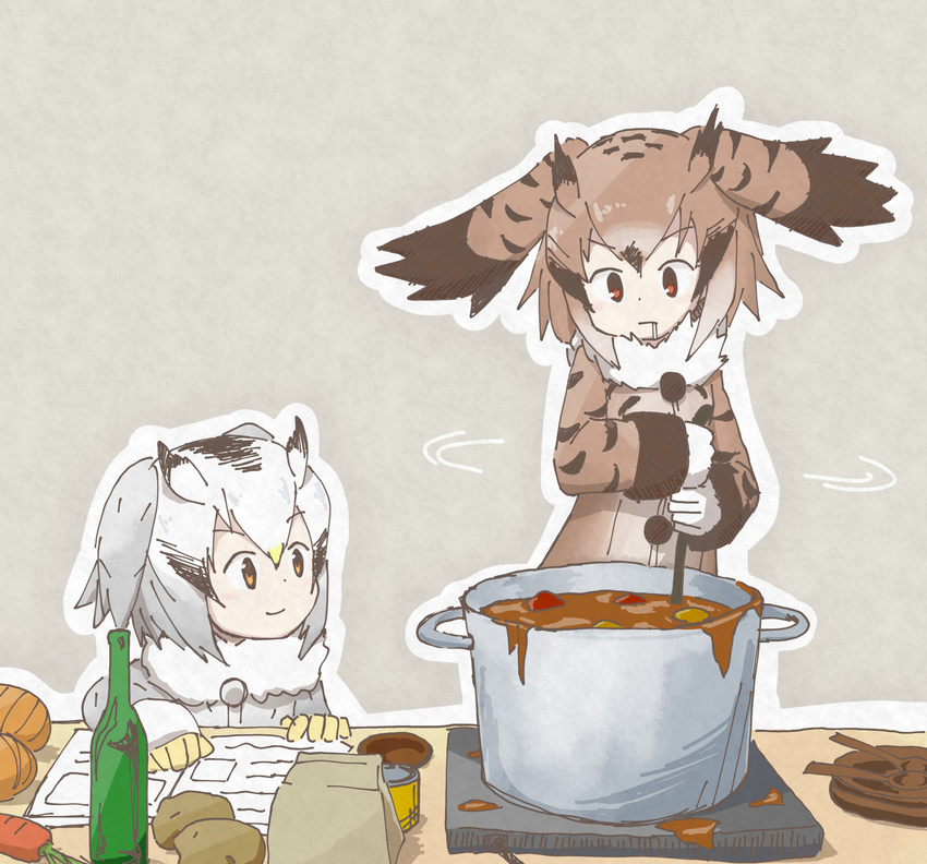 blonde_hair book bottle brown_coat brown_eyes brown_hair can carrot coat commentary_request cooking curry drooling eurasian_eagle_owl_(kemono_friends) food fur_collar gloves grey_coat grey_hair head_wings highres holding kemono_friends long_sleeves multicolored_hair multiple_girls northern_white-faced_owl_(kemono_friends) open_book plate pot potato smile spoon uepon_(shimo_ponzu) white_gloves white_hair yellow_eyes yellow_gloves