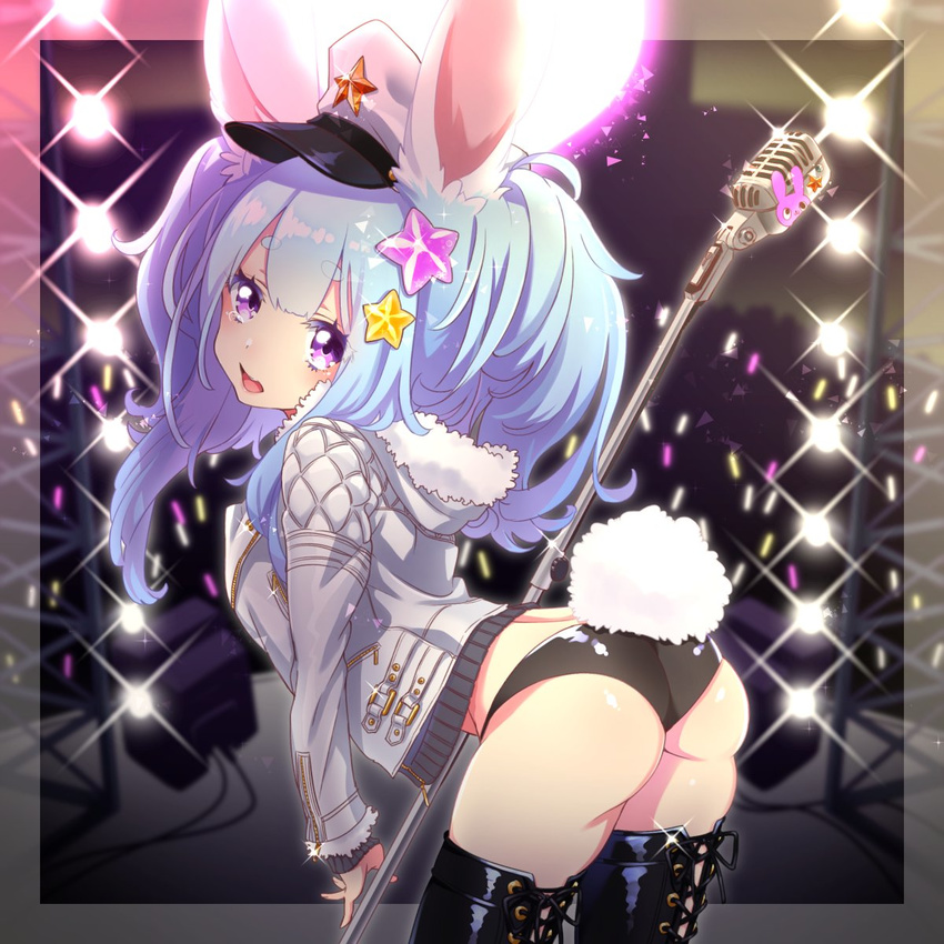 animal_ears arched_back ass bent_over black_panties blue_hair boots bunny_ears bunny_tail character_request concert copyright_request fur_trim hair_ornament hat highres hood hooded_jacket jacket long_hair looking_at_viewer looking_back microphone open_clothes open_jacket open_mouth panties peaked_cap purple_eyes solo stage star star_hair_ornament tail thigh_boots thighhighs underwear westxost_(68monkey)