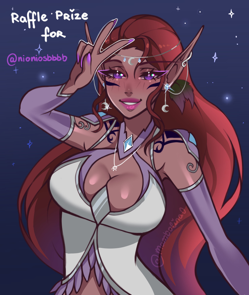 absurd_res blizzard_entertainment breasts cleavage clothed clothing cosmic_background ear_piercing elf female flowing_hair gesture hair hand_gesture head_jewelry hi_res humanoid humanoid_pointy_ears jewelry leaf mambolinaaa markings necklace night_elf piercing simple_background smile smiling_at_viewer solo star starry_background v_sign warcraft