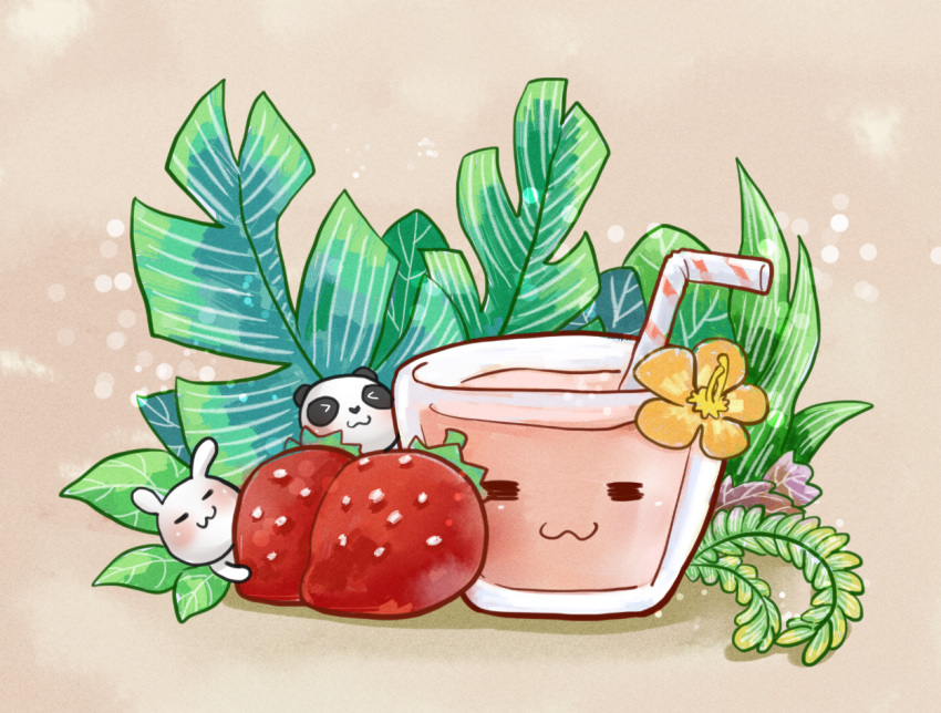 &gt;_&lt; :3 abaoyin brown_background cup drink drinking_straw flower food food_focus fruit leaf no_humans original painttool_sai_(medium) panda rabbit strawberry strawberry_milk