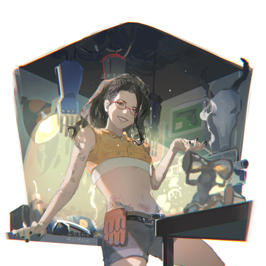 1girl arm_tattoo black_hair breasts brown_eyes brown_hair cigarette crop_top cumcmn devil_may_cry_(series) glasses hair_pulled_back highres holding long_hair looking_at_viewer medium_breasts navel nico_(devil_may_cry) smile solo tattoo