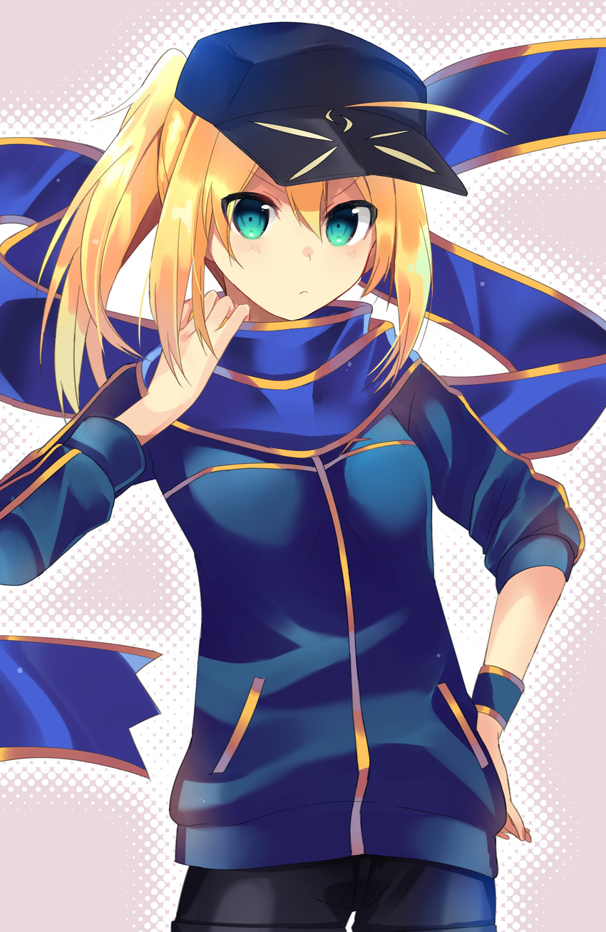 absurdres ahoge artoria_pendragon_(all) baseball_cap black_shorts blonde_hair blue_jacket blue_scarf closed_mouth commentary_request cowboy_shot eyebrows_visible_through_hair fate/grand_order fate_(series) green_eyes hair_between_eyes hair_through_headwear halftone halftone_background hand_on_hip hat highres jacket long_sleeves looking_at_viewer mysterious_heroine_x nyokichi_(nyokitto!) ponytail scarf shorts solo v-shaped_eyebrows wristband