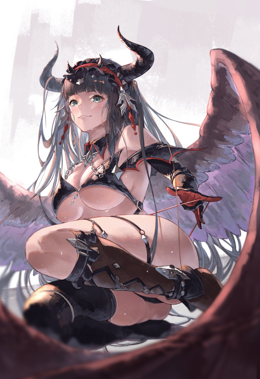 1girl absurdres aqua_eyes armor ass asymmetrical_legwear bikini bikini_armor black_bikini black_hair black_horns boots breasts chain closed_mouth commentary_request demon_girl demon_horns duplicate elbow_gloves feathered_wings gloves granblue_fantasy highres horns large_breasts long_hair looking_at_viewer magus_(granblue_fantasy) mismatched_legwear short_bangs single_elbow_glove single_thigh_boot smile solo sweat swimsuit thigh_boots wings yu_pian
