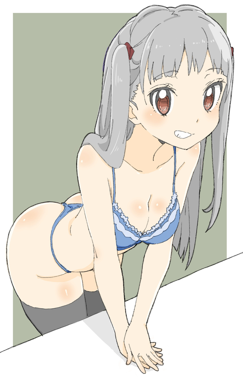 absurdres ass bangs bare_arms bare_shoulders bent_over black_legwear blue_bra blue_panties blush bra breasts brown_eyes cleavage cowboy_shot donguri_suzume eyebrows_visible_through_hair grey_background grey_hair grin highres large_breasts looking_at_viewer original panties simple_background smile solo thighhighs thong twintails underwear underwear_only