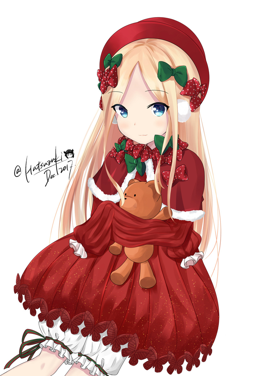 abigail_williams_(fate/grand_order) bangs blonde_hair bloomers blue_eyes blush bow bug butterfly capelet closed_mouth dress eyebrows_visible_through_hair fate/grand_order fate_(series) forehead fur-trimmed_capelet fur_trim green_bow hair_bow hat hatsuzuki_527 highres insect long_hair long_sleeves looking_at_viewer object_hug parted_bangs polka_dot polka_dot_bow red_bow red_capelet red_dress red_hat signature simple_background sleeves_past_wrists smile solo stuffed_animal stuffed_toy teddy_bear underwear very_long_hair white_background white_bloomers