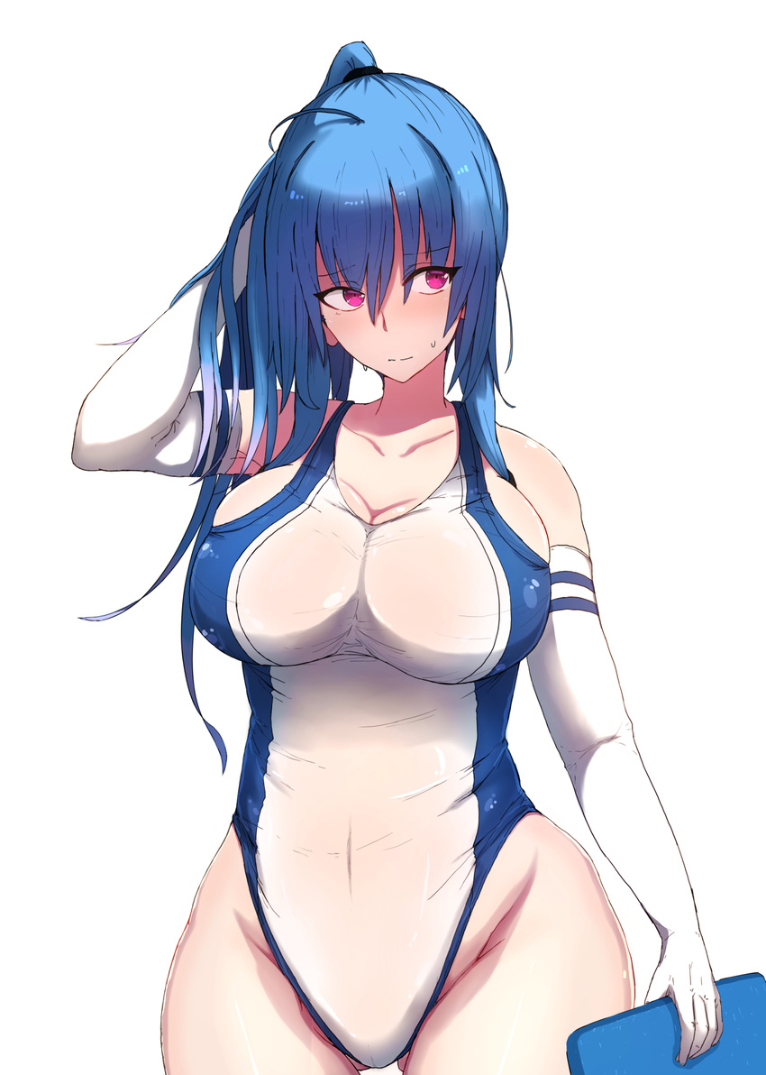 adjusting_hair ahoge arm_up ass_visible_through_thighs azur_lane bakuretsu_tenshi bangs bare_shoulders blue_hair blush breasts cleavage closed_mouth collarbone competition_swimsuit covered_navel cowboy_shot elbow_gloves eyebrows_visible_through_hair gloves groin hand_in_hair highres holding large_breasts light_frown long_hair looking_away looking_to_the_side one-piece_swimsuit pink_eyes ponytail shiworiita simple_background skin_tight solo st._louis_(azur_lane) standing swimsuit tsurime white_background white_gloves white_swimsuit