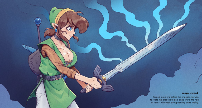 1girl blue_eyes brellom brown_hair earrings green_tunic highres holding holding_sword holding_weapon jewelry link master_sword pointy_ears sword the_legend_of_zelda weapon