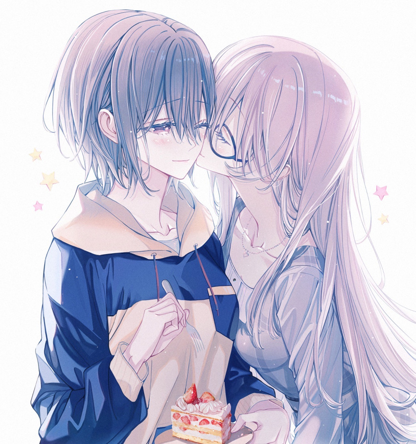 2girls bang_dream! bang_dream!_it's_mygo!!!!! blackfangs blue_hoodie cake cake_slice chihaya_anon chinese_commentary closed_eyes closed_mouth commentary_request drawstring dress food fork fruit glasses grey_dress grey_hair heart heart_necklace highres holding holding_fork holding_plate hood hoodie jewelry kiss kissing_cheek light_particles long_sleeves multiple_girls necklace one_eye_closed pink_hair plate purple_eyes star_(symbol) strawberry strawberry_shortcake takamatsu_tomori yellow_hoodie yuri