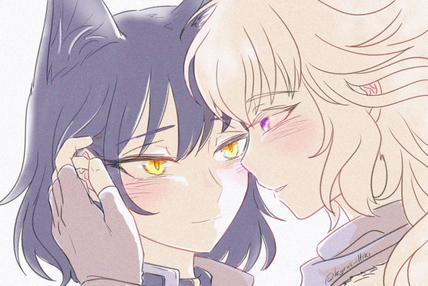 2girls animal_ears black_hair blake_belladonna blonde_hair blush cat_ears closed_mouth commentary eye_contact fingerless_gloves gloves hand_on_another's_face highres kyrus_hiki looking_at_another multiple_girls parted_lips portrait purple_eyes rwby short_hair smile yang_xiao_long yellow_eyes yuri