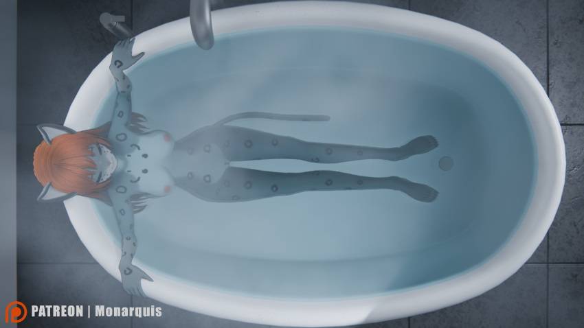 3d_(artwork) anthro areola bathing bathroom bathtub breasts butt digital_media_(artwork) felid female female_anthro hair hi_res mammal medium_breasts momo_(monarquis) monarquis nipples nude pantherine red_hair sad snow_leopard solo water wet wet_body