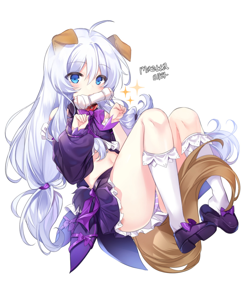 1girl ahoge animal_ears artist_name asymmetrical_sleeves bare_shoulders blue_eyes bow bowtie cropped_shirt detached_sleeves dog_ears dog_tail frilled_skirt frills full_body highres kneehighs long_hair low-tied_long_hair maett miniskirt navel panties paw_pose purple_bow purple_bowtie purple_shirt purple_skirt shirt simple_background skirt sleeveless sleeveless_shirt socks soulworker stella_unibell tail underwear uneven_sleeves white_hair white_socks