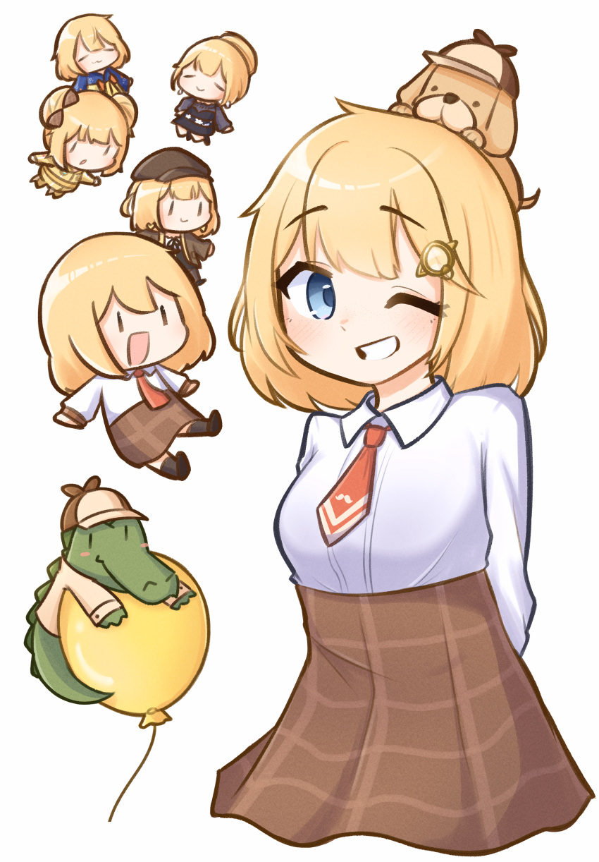 ;d absurdres animal_on_head arm_behind_back balloon blonde_hair blue_eyes bob_cut brown_skirt bubba_(watson_amelia) chibi chibi_inset collared_shirt commentary dog dog_on_head english_commentary grin hair_ornament high-waist_skirt highres hololive hololive_english investigator_(amelia_watson) long_sleeves moon_ldl multiple_persona necktie on_head one_eye_closed plaid plaid_skirt red_necktie shirt short_hair short_necktie simple_background skirt smile virtual_youtuber watson_amelia watson_amelia_(1st_costume) watson_amelia_(3rd_costume) watson_amelia_(astronaut) watson_amelia_(new_year) watson_amelia_(street_casual) white_background white_shirt