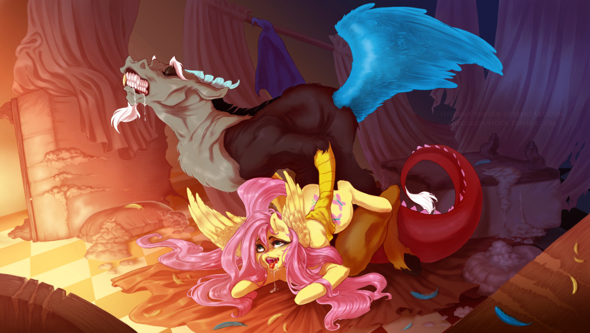 ambiguous_penetration anthro bodily_fluids chimera destruction discord_(mlp) draconequus duo equid equine eyes_closed female feral fluttershy_(mlp) friendship_is_magic from_behind_position hasbro hi_res holding_another horse inside looking_pleasured male male/female mammal my_little_pony orgasm orgasm_face penetration pony saliva scratch_mark sex thecuriousfool tongue tongue_out