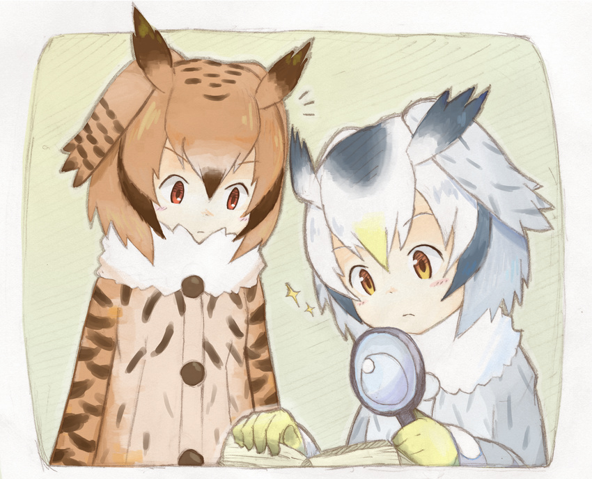 absurdres black_hair blonde_hair book brown_coat brown_eyes brown_hair coat eurasian_eagle_owl_(kemono_friends) fur_collar gloves grey_coat grey_hair head_wings highres holding kemono_friends long_sleeves magnifying_glass multicolored_hair multiple_girls northern_white-faced_owl_(kemono_friends) open_book sparkle uepon_(shimo_ponzu) upper_body white_hair yellow_eyes yellow_gloves