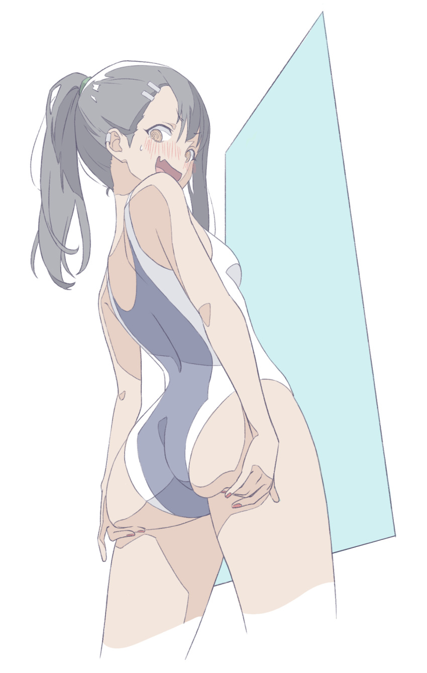 1girl :d @_@ ass black_hair blush breasts dark_skin fang hair_ornament hairclip hands_on_own_ass highres ijiranaide_nagatoro-san long_hair looking_back nagatoro_hayase one-piece_swimsuit ponytail skin_fang small_breasts smile solo standing swimsuit vivid507