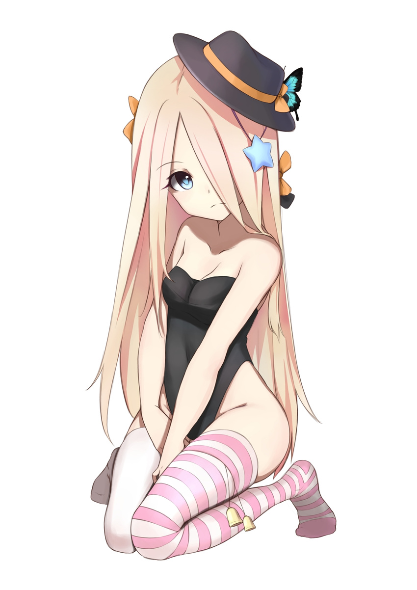 abigail_williams_(fate/grand_order) alternate_costume bare_arms bare_shoulders bell between_legs black_bow black_hat black_leotard blonde_hair blue_eyes bow breasts bug butterfly cleavage closed_mouth collarbone commentary eyebrows_visible_through_hair fate/grand_order fate_(series) full_body groin hair_bow hair_over_one_eye hand_between_legs hat head_tilt highleg highleg_leotard highres insect jilu leotard long_hair looking_at_viewer medium_breasts mismatched_legwear no_shoes orange_bow parted_lips playboy_bunny_leotard seiza simple_background sitting solo star strapless strapless_leotard striped striped_legwear thighhighs v_arms very_long_hair white_background white_legwear