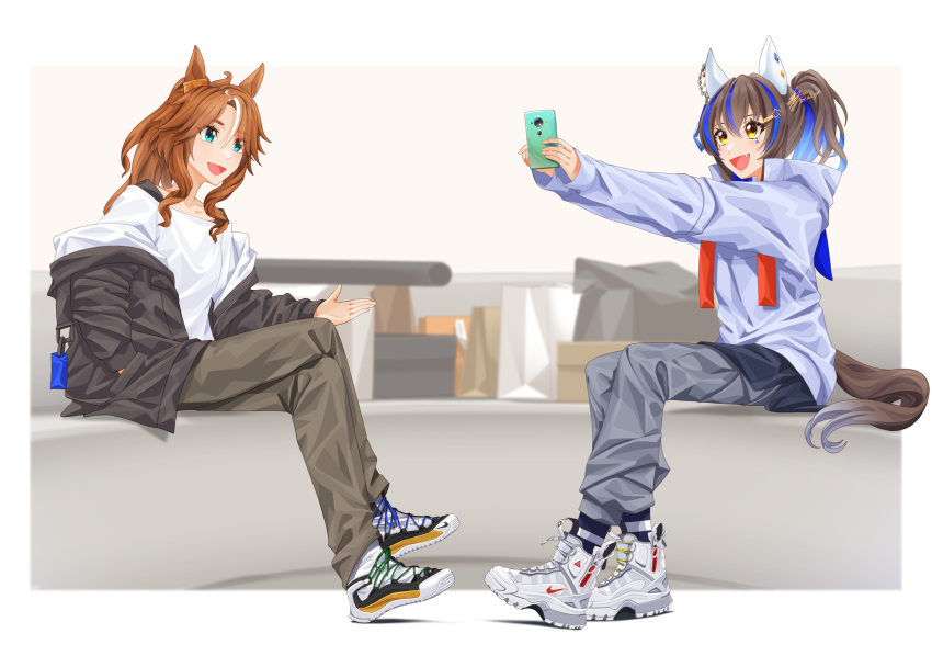 2girls absurdres alternate_costume animal_ears black_jacket blue_hoodie blue_jacket brown_hair cellphone crossed_legs daitaku_helios_(umamusume) dated ear_covers fang full_body green_eyes hair_ornament hairclip hand_in_pocket high_tops highres hood hoodie horse_ears horse_girl horse_tail jacket long_sleeves mejiro_palmer_(umamusume) multicolored_hair multiple_girls nike_(company) off_shoulder open_mouth outstretched_arms phone product_placement selfie shirt shoes side_ponytail signature silenxe sitting smile sneakers streaked_hair tail umamusume white_footwear white_shirt yellow_eyes