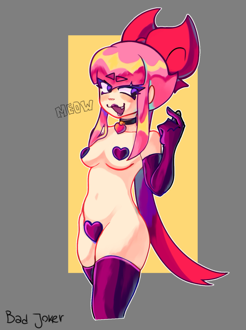 1girl :3 bad_joker brawl_stars breasts gloves highres latex latex_gloves lipgloss lipstick maebari makeup melodie_(brawl_stars) navel pink_hair short_hair smile solo thighs