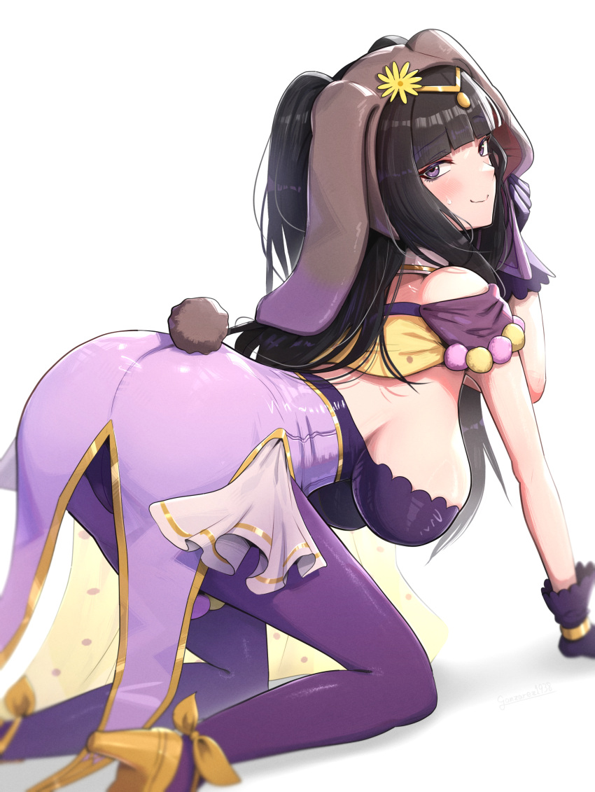 1girl absurdres animal_ears ass bare_shoulders black_hair blush breasts detached_collar embarrassed fake_animal_ears fake_tail fire_emblem fire_emblem_awakening fire_emblem_heroes gonzarez high_heels highres large_breasts leotard looking_at_viewer nervous nervous_smile official_alternate_costume pantyhose playboy_bunny purple_eyes purple_leotard purple_pantyhose rabbit_ears rabbit_tail sideboob simple_background smile solo strapless strapless_leotard sweat sweatdrop tail tharja_(fire_emblem) tharja_(spring)_(fire_emblem) wavy_mouth white_background