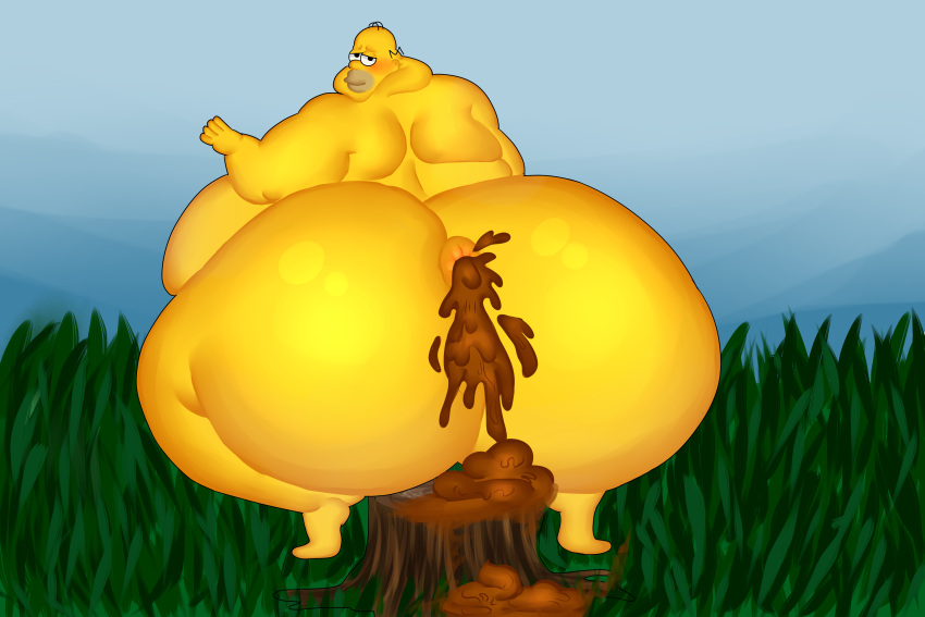 3:2 absurd_res anus big_butt blush blushing_at_viewer bodily_fluids butt crouching diarrhea feces feces_pile grass grass_field hi_res homer_simpson huge_butt human humanoid looking_at_viewer male mammal mewl1n nude obese obese_male outside overweight overweight_male pile_of_poo plant pooping puffy_anus scat solo the_simpsons thick_thighs tree_stump yellow_body yellow_skin