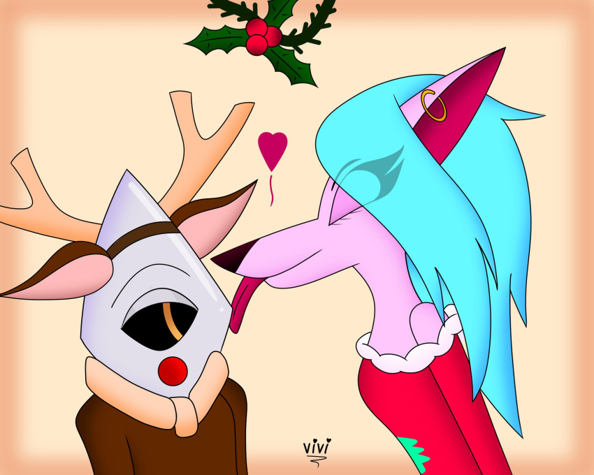 1_eye anthro antlers blue_hair canid canine christmas clothing duo face_lick female grey_body hair heart_symbol hi_res holidays horn licking male mammal pink_body sweater tongue topwear unknown_species vivi_(vivzlover) vivzlover