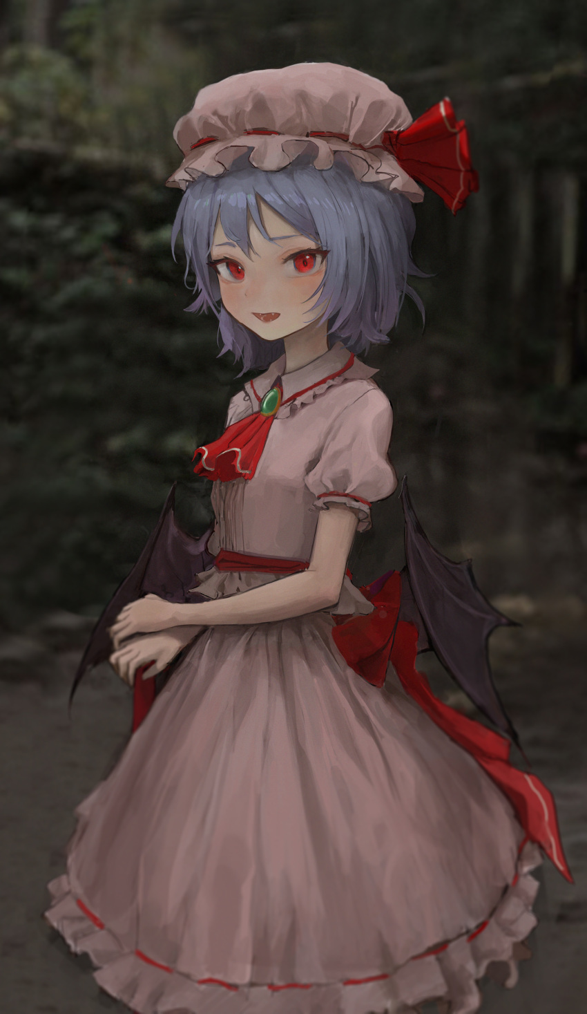 1girl absurdres black_wings blurry blurry_background dholewolf dress fangs feet_out_of_frame hat highres looking_at_viewer medium_hair mob_cap pink_dress pink_hat purple_hair red_eyes red_ribbon remilia_scarlet ribbon short_sleeves solo touhou wings