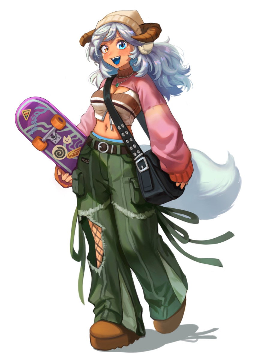 1girl bag beanie black_bag blue_eyes blue_tongue breasts brown_footwear cleavage colored_tongue green_pants hat highres holding holding_skateboard horns im_hidari_mimi jewelry long_hair long_sleeves looking_at_viewer midriff necklace open_mouth original pants shadow shoes shoulder_bag skateboard sleeves_past_wrists smile solo tail white_hair yellow_eyes