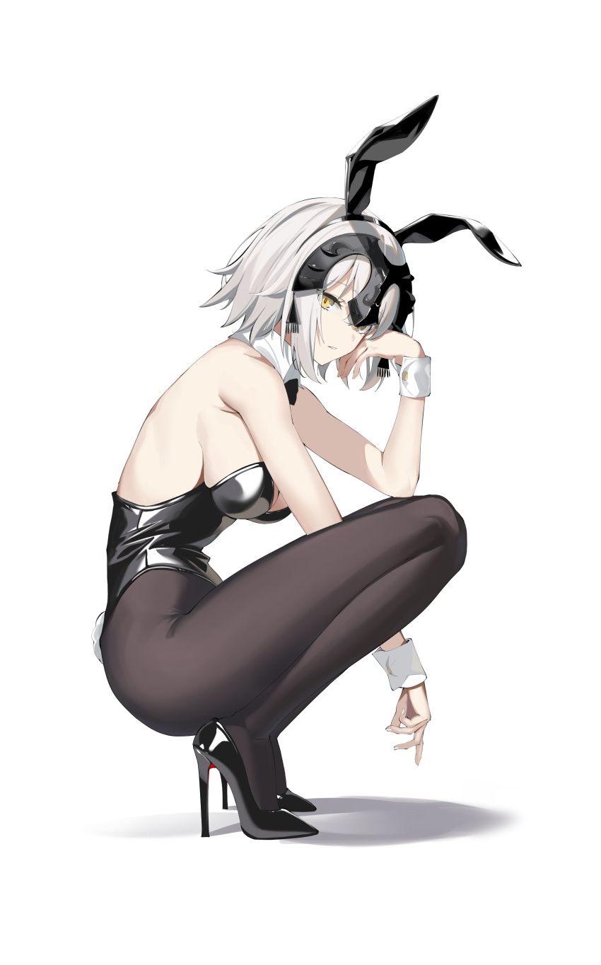 1girl absurdres animal_ears bare_shoulders black_leotard bow bowtie breasts detached_collar fake_animal_ears fake_tail fate/grand_order fate_(series) grey_hair headpiece high_heels highres jeanne_d'arc_alter_(avenger)_(fate) jeanne_d'arc_alter_(fate) large_breasts leotard looking_at_viewer pantyhose playboy_bunny rabbit_ears rabbit_tail short_hair solo spider_apple squatting strapless strapless_leotard tail traditional_bowtie wrist_cuffs yellow_eyes