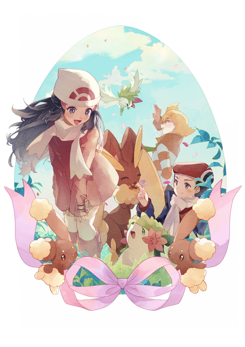 1girl 2boys absurdres barry_(pokemon) beanie black_hair blonde_hair blue_jacket boots buneary cloud coat dawn_(pokemon) day falling_petals hair_ornament hairclip hat highres jacket leaning long_hair long_sleeves looking_down lopunny lucas_(pokemon) multiple_boys orange_jacket outdoors petals pokemon pokemon_(creature) pokemon_dppt pokemon_platinum red_coat ribbon sapphire_ethu scarf shaymin shaymin_(land) shaymin_(sky) sky striped_clothes striped_jacket white_hat white_scarf