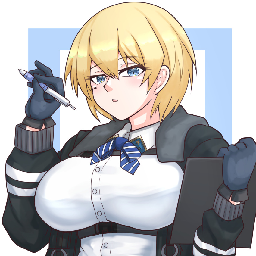 1girl black_gloves black_jacket blonde_hair blue_eyes blue_ribbon breasts buckle clipboard collared_shirt commentary girls'_frontline gloves hair_between_eyes hand_up highres holding holding_clipboard holding_pen jacket large_breasts long_sleeves looking_at_viewer mole mole_under_eye neck_ribbon open_clothes open_jacket parted_lips pen ribbon shirt short_hair sidelocks snap-fit_buckle solo striped_ribbon tsuchinoko_snake upper_body vsk-94_(girls'_frontline) white_shirt